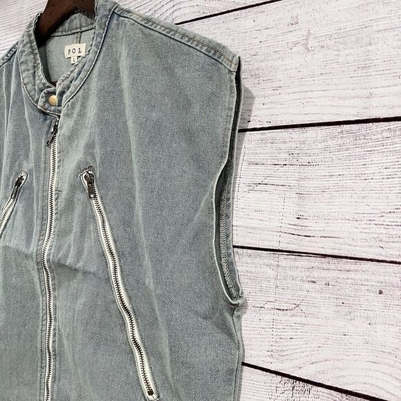 POL High Neck Zipper Front Zipper Denim Vest Jacket Size Large Cotton Boho Chic - Picture 4 of 6